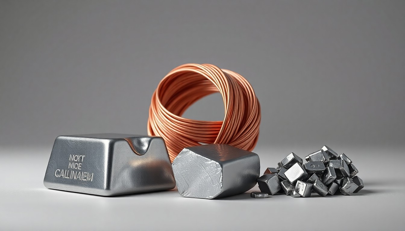 A high-end studio photograph featuring a polished aluminum ingot, copper wire coil, and stainless steel scrap piece arranged elegantly on a clean, monochromatic background, conceptually representing the circular economy in the metals industry.