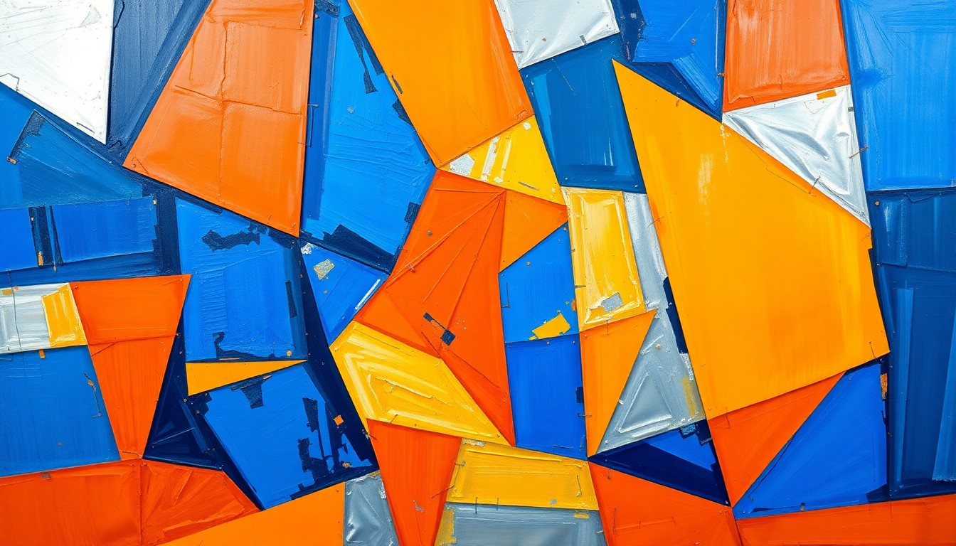 A cubist, geometric painting depicting a basketball player in motion, their form fractured and abstracted into overlapping planes of vivid blue, orange, and silver hues.
