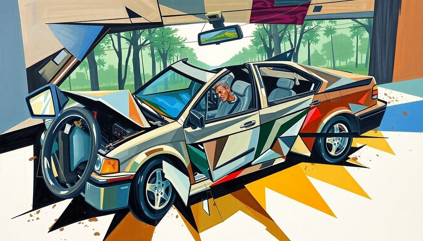 A cubist-style painting depicting the scene of Tiger Woods' car crash, with the vehicle and surrounding elements broken down into sharp, overlapping geometric shapes and planes of color.