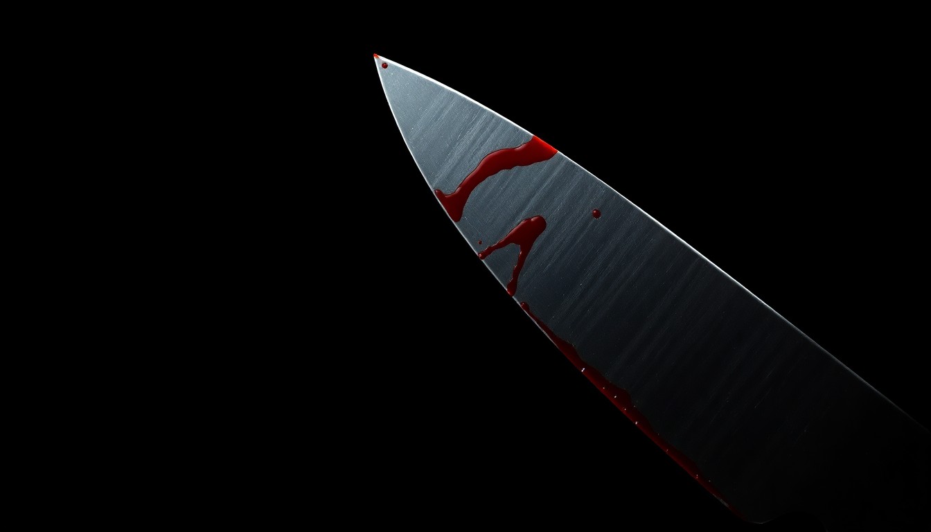 An extreme close-up of a bloody knife blade reflecting a harsh, direct camera flash, conceptually illustrating the violence of a recent stabbing incident in downtown Los Angeles.