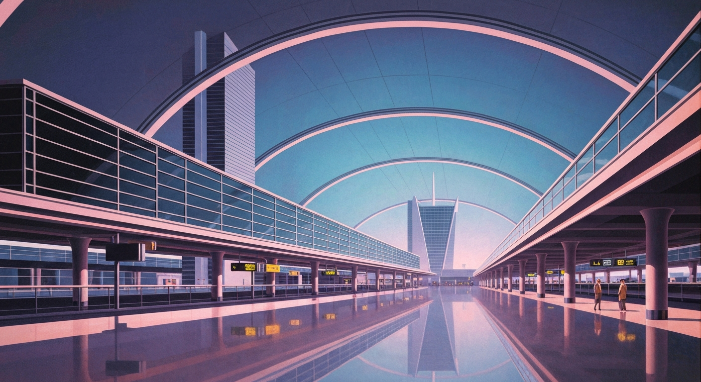 A highly stylized, geometric illustration depicting the towering, streamlined forms of an airport terminal, with sweeping gradients of blues and grays conveying a sense of scale and grandeur, conceptually representing the challenges travelers will face due to the new FAA landing restrictions at SFO.