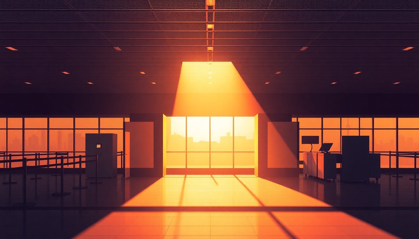 A dimly lit, cinematic painting of an empty airport security checkpoint, with long shadows and warm, golden light filtering through the windows, conveying a sense of contemplation about the complex issues surrounding transportation security and personal privacy.