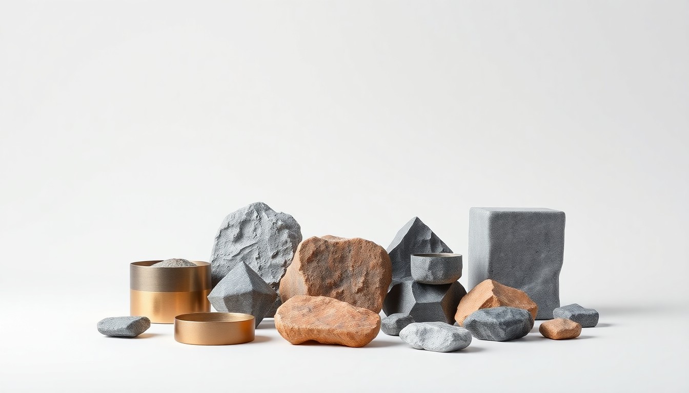 A high-end, photorealistic studio still-life photograph featuring a collection of premium, polished metal and stone objects arranged elegantly on a clean, monochromatic seamless background, conceptually representing Bechtel's mining, metals, and construction expertise.