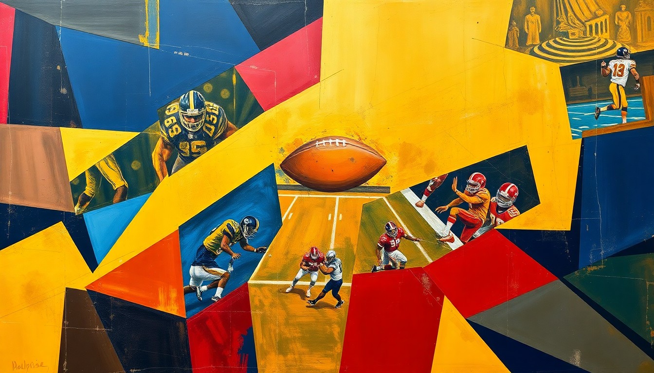 A cubist, geometric painting depicting an American football game broken down into overlapping planes of navy blue, gold, and crimson red, conveying the conceptual idea of a new partnership between the NFL and American Express.