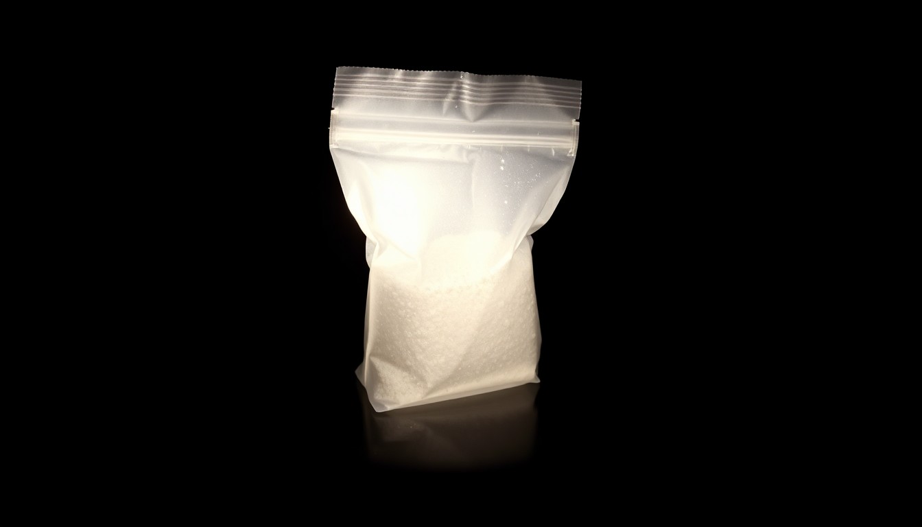 An extreme close-up photograph of a small plastic bag containing a white powdery substance, lit by a harsh, direct camera flash against a pitch-black background, conceptually illustrating the seized evidence from a drug bust at a day care center.