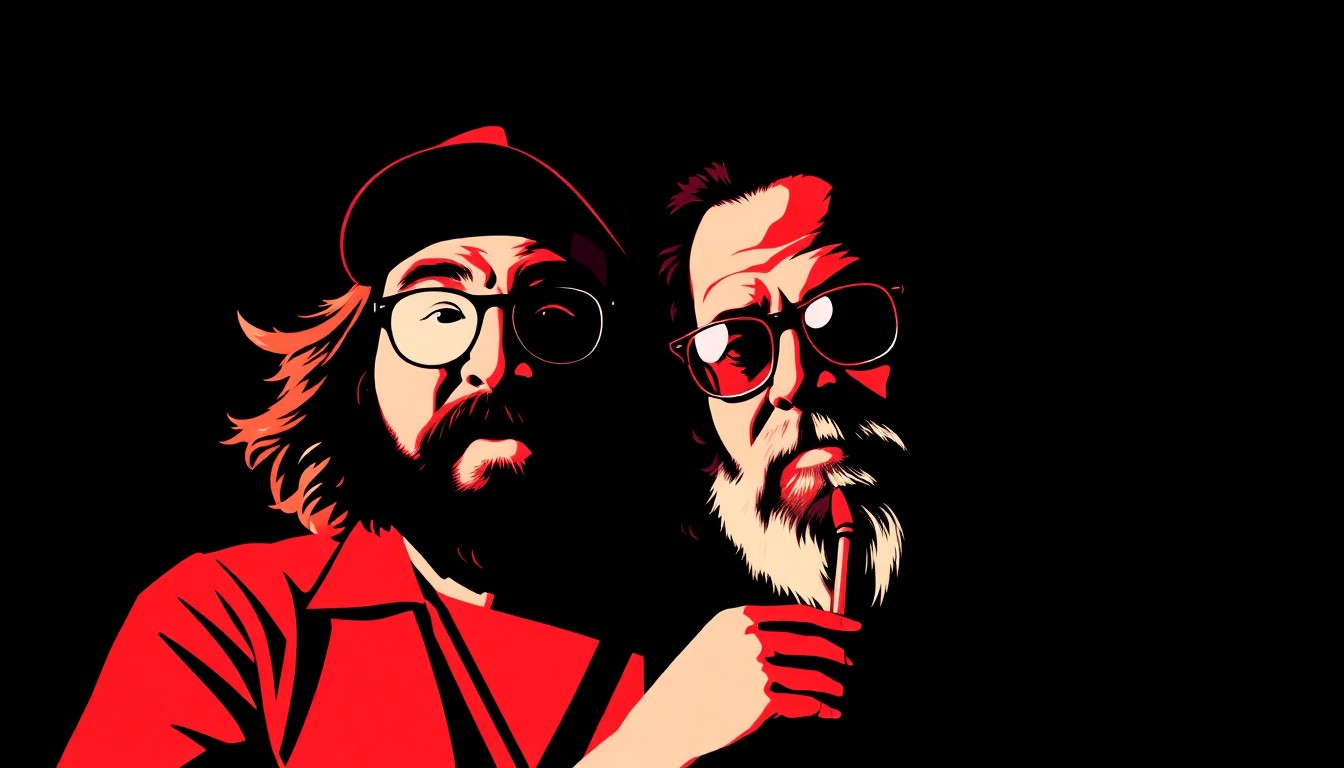 An abstract, minimalist illustration featuring bold, jagged shapes in red, black, and white, conceptually representing the iconic comedy duo 'Jay and Silent Bob' and the legendary actor Cheech Marin, who are set to appear at the South Texas Comic Con.