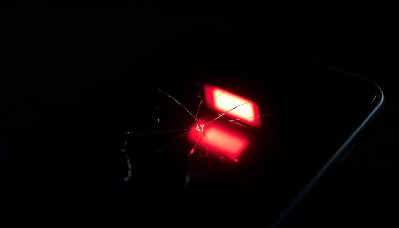 An extreme close-up of a shattered smartphone screen reflecting a faint red and blue police light, conceptually representing the aftermath of a false emergency call.