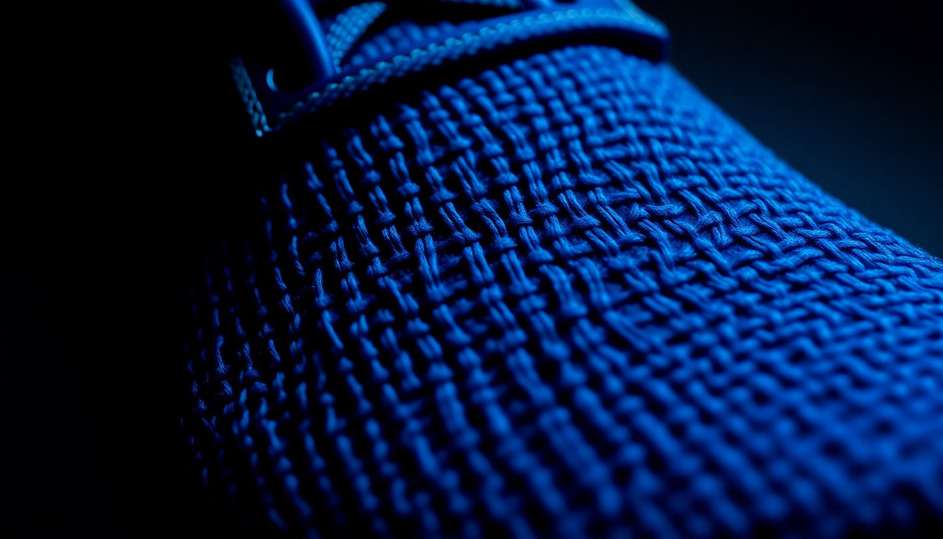 An extreme close-up photograph of a rich, textured royal blue material, capturing the luxurious, high-fashion aesthetic of the new Harden Volume 10 sneakers designed to honor the memory of rapper Nipsey Hussle.