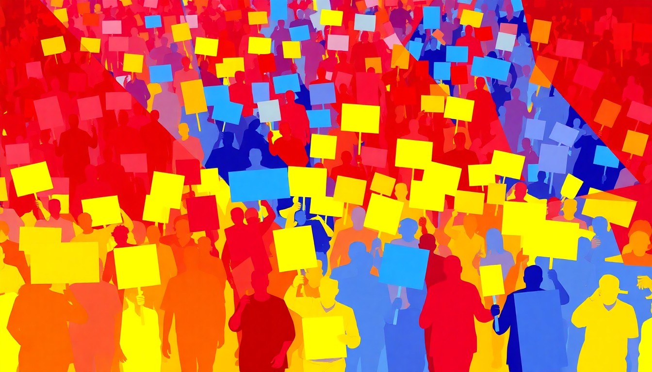 A dynamic, abstract painting of a crowd of protesters marching, with the figures repeated in overlapping, fractured geometric shapes in a palette of bold, vibrant colors, conveying the energy and passion of the demonstrations.