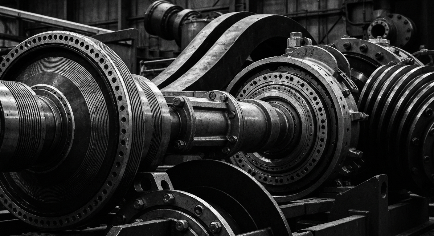 A high-contrast, black-and-white close-up image of heavy industrial machinery and components, conveying the raw power and precision of Woodward's products without using any text or branding.