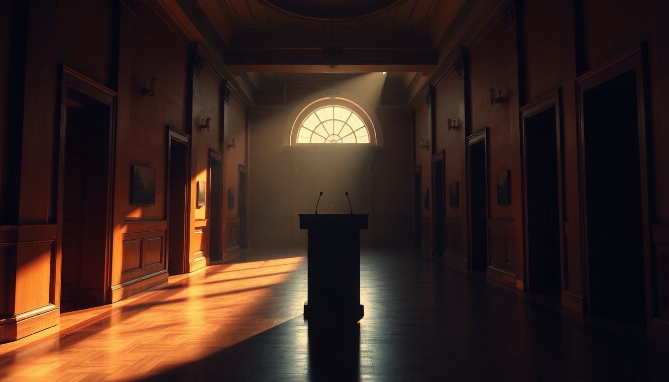 A quiet, cinematic painting of a solitary podium in a dimly lit government building hallway, bathed in warm, diagonal sunlight and deep shadows, conceptually illustrating the political intrigue and unanswered questions surrounding Peltola's campaign spending.