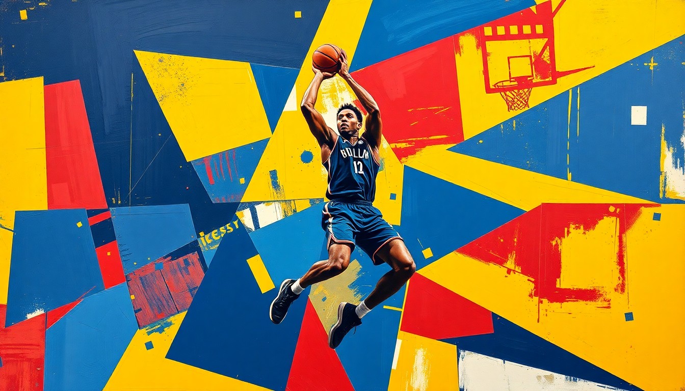 A cubist-style painting depicting a basketball player's movements broken down into sharp, overlapping geometric shapes in navy, red, and yellow, capturing the energy and skill of the sport.