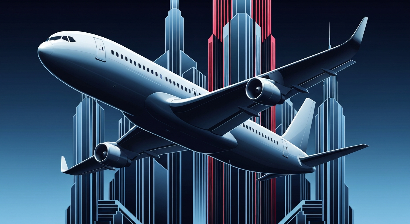 A sleek, Art Deco-inspired illustration of a commercial airliner silhouetted against a backdrop of towering, geometric architecture, conveying the grand scale and technical prowess of air travel.