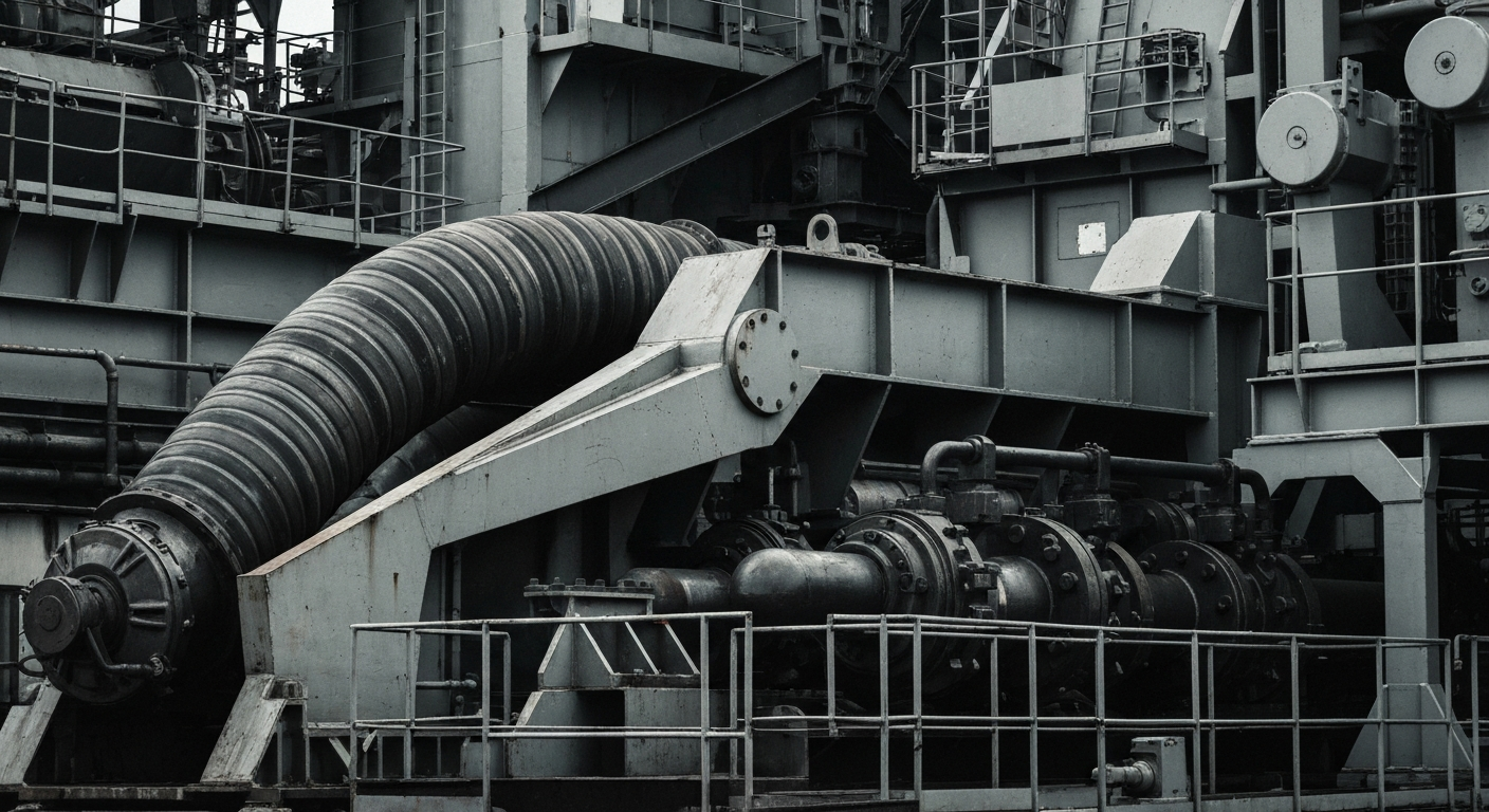 An extreme close-up of heavy, industrial shipping equipment and machinery in muted tones of steel, rust, and black, conveying the physical scale and complexity of the global logistics that underpin the shipping industry.