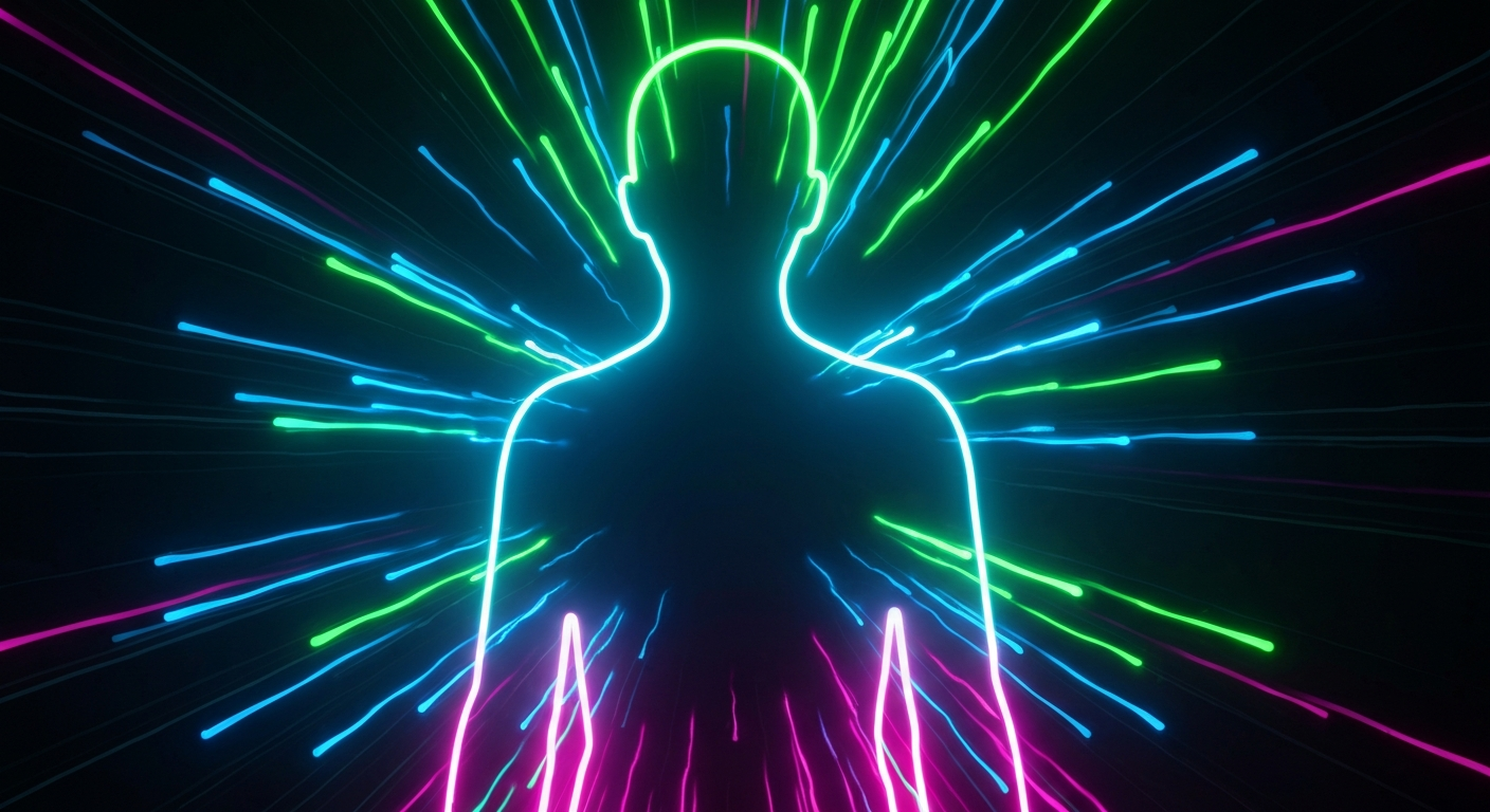 A glowing neon outline of a person's silhouette surrounded by pulsing lines of vibrant color, conceptually representing the human impact of changes to Medicaid enrollment.