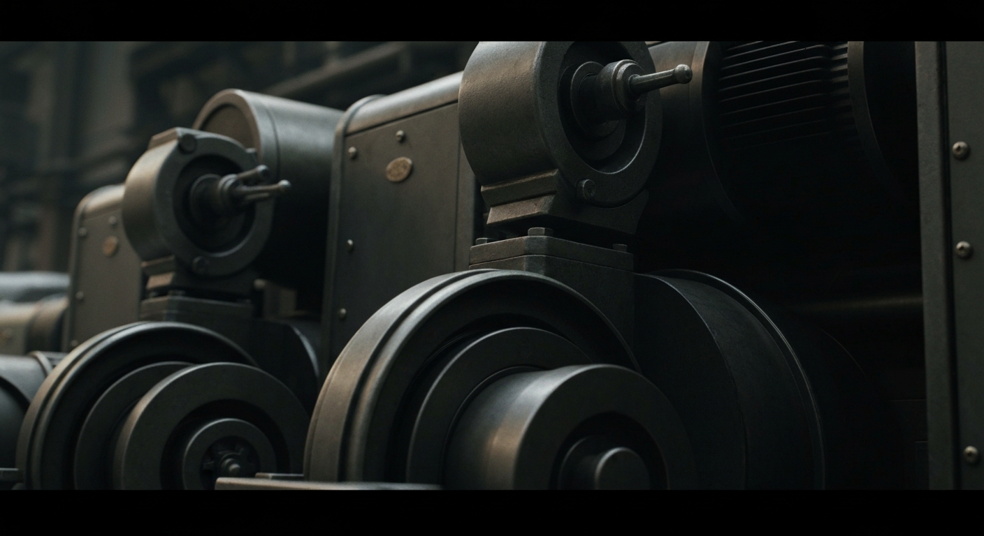 An extreme close-up of industrial banking equipment and machinery, conveying the physical, tangible nature of financial infrastructure without using literal currency or charts.