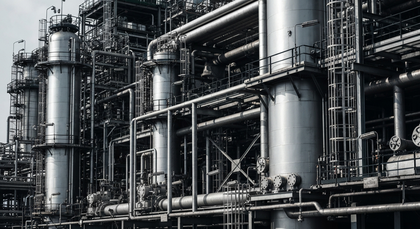 An extreme close-up of the gears, pipes, and valves of an industrial oil refinery, captured in a high-contrast, black-and-white style that emphasizes the scale and technical complexity of energy infrastructure.