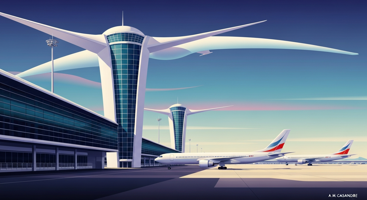 A highly stylized, geometric illustration depicting the grand scale and streamlined forms of modern airport architecture, with sweeping gradients and forced perspectives conveying the sense of motion and efficiency in air travel.