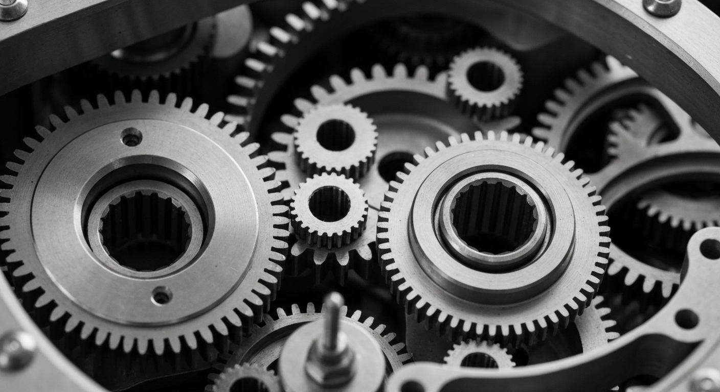 A high-contrast black and white macro photograph of the intricate gears, cogs, and mechanical components of a large financial institution's secure vault or storage system, symbolizing the robust infrastructure behind State Street's new digital asset platform.