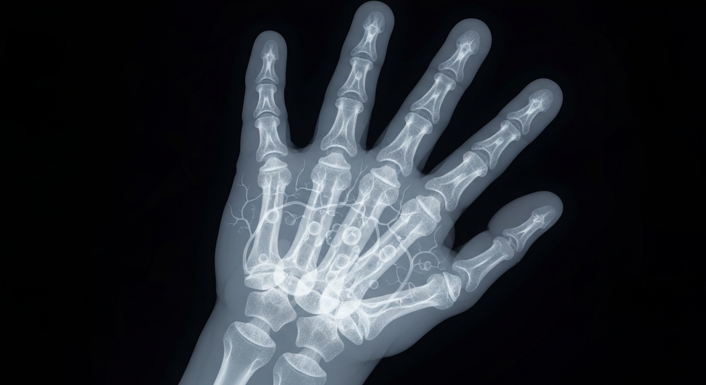 A ghostly, translucent X-ray image revealing the intricate network of blood vessels and cellular structures within a human hand, conceptually representing the regenerative power of stem cell therapy.