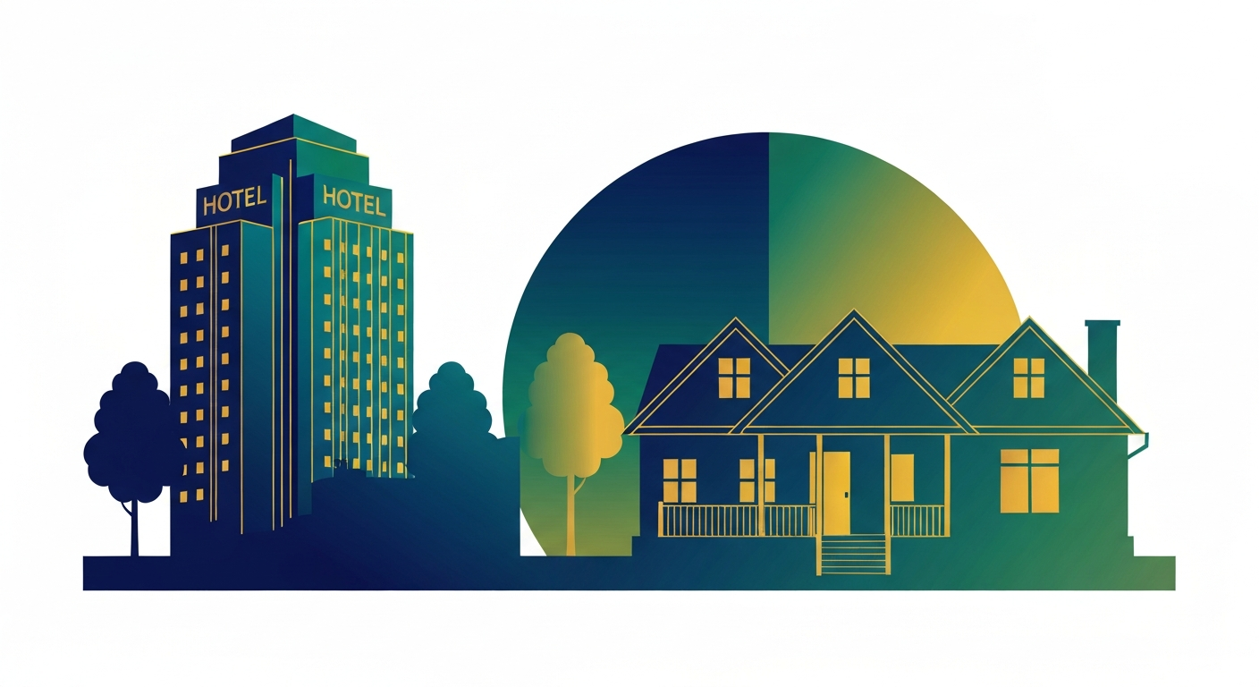 An abstract, geometric illustration in the style of Art Deco artist A.M. Cassandre, featuring the contrasting silhouettes of a tall, sleek hotel tower and a cozy, low-slung vacation rental home, rendered in bold gradients of blue, green, and gold. The image captures the generational divide in lodging preferences without depicting any specific people, places, or text.