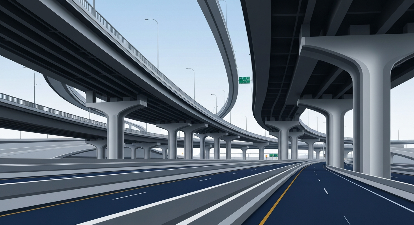 A bold, geometric illustration in the Art Deco style, depicting the sweeping curves and towering scale of a major highway interchange, conceptually representing the grand scope of the infrastructure project.