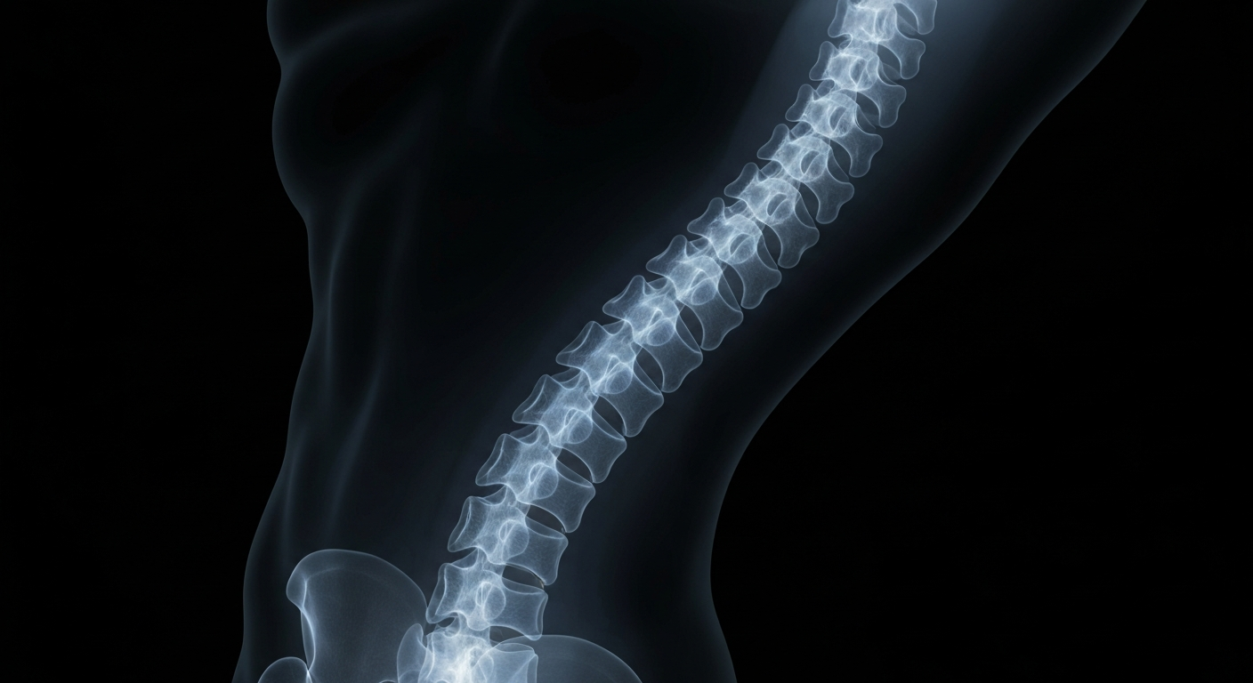 A glowing, translucent X-ray image of a human spine, with the vertebrae and discs visible as ghostly lines against a dark background, conceptually representing the advanced spinal care services offered at the new Banner Health facility.