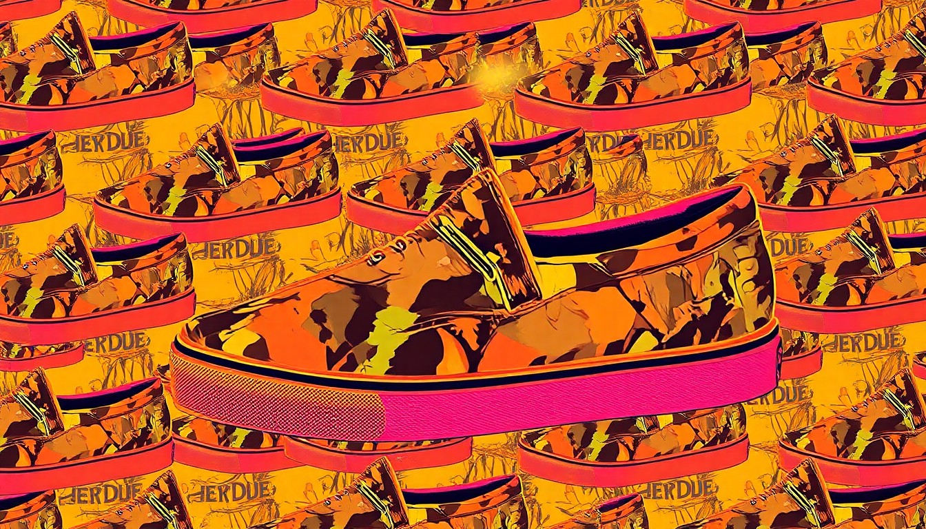 A bold, colorful silkscreen-style illustration featuring a repeating grid pattern of a Hey Dude slip-on shoe in the Realtree Advantage Classic camouflage design, capturing the pop art aesthetic of the new collaboration.