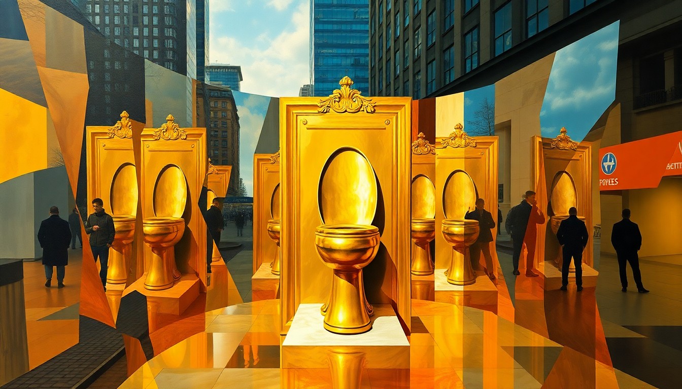 An abstract, fragmented painting featuring a golden toilet sculpture in an urban setting, rendered in bold, overlapping geometric shapes and vibrant colors.