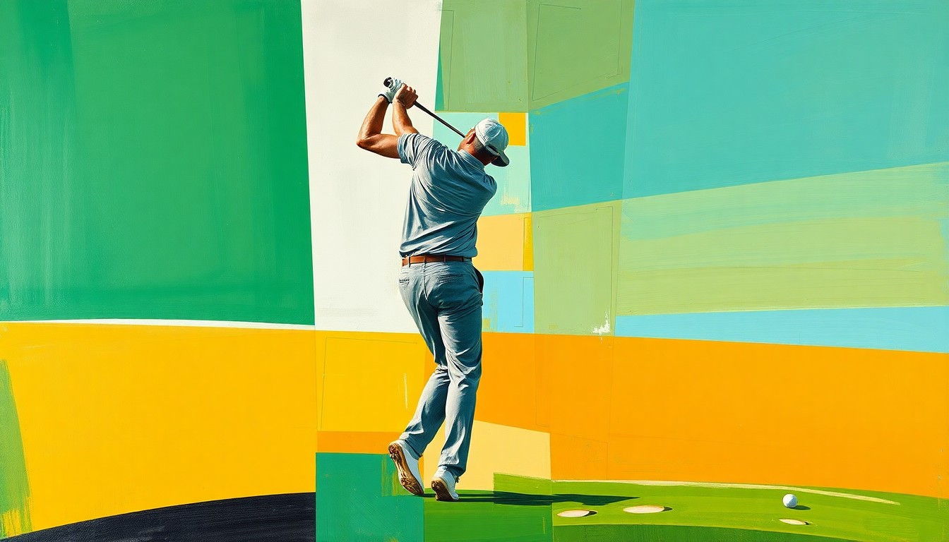 A fragmented, geometric painting in shades of green, blue, and ochre depicting the overlapping motion and planes of a golfer's swing, conceptually representing Michelle Wie West's farewell to the U.S. Women's Open.
