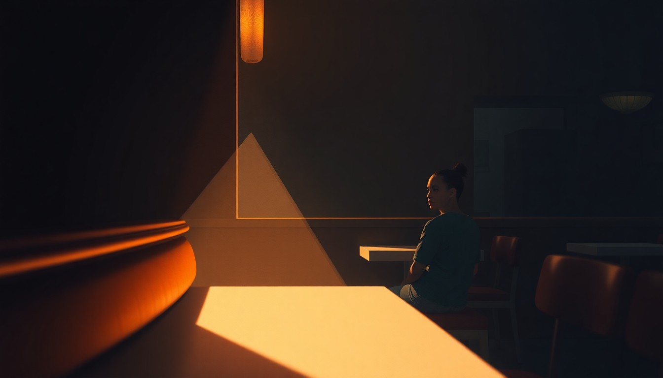 A solitary figure sits alone in a diner, the warm light casting deep shadows across the scene, conveying the emotional isolation and financial strain experienced by many military spouses.