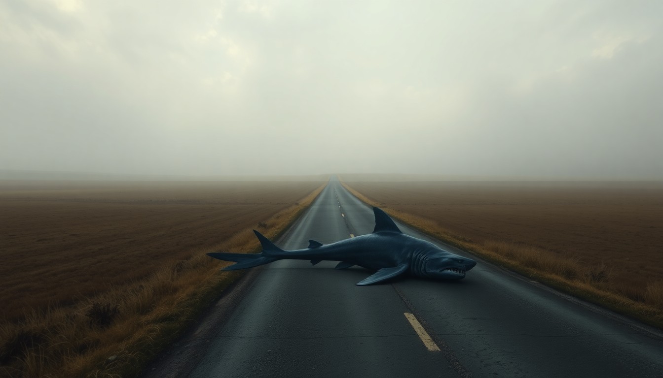 A sweeping, atmospheric landscape painting in muted tones of grey, blue, and green, depicting a desolate rural road winding through a flat, expansive field. In the distance, the silhouette of a dead shark carcass lies on the side of the road, dwarfed by the overwhelming scale of the natural environment.
