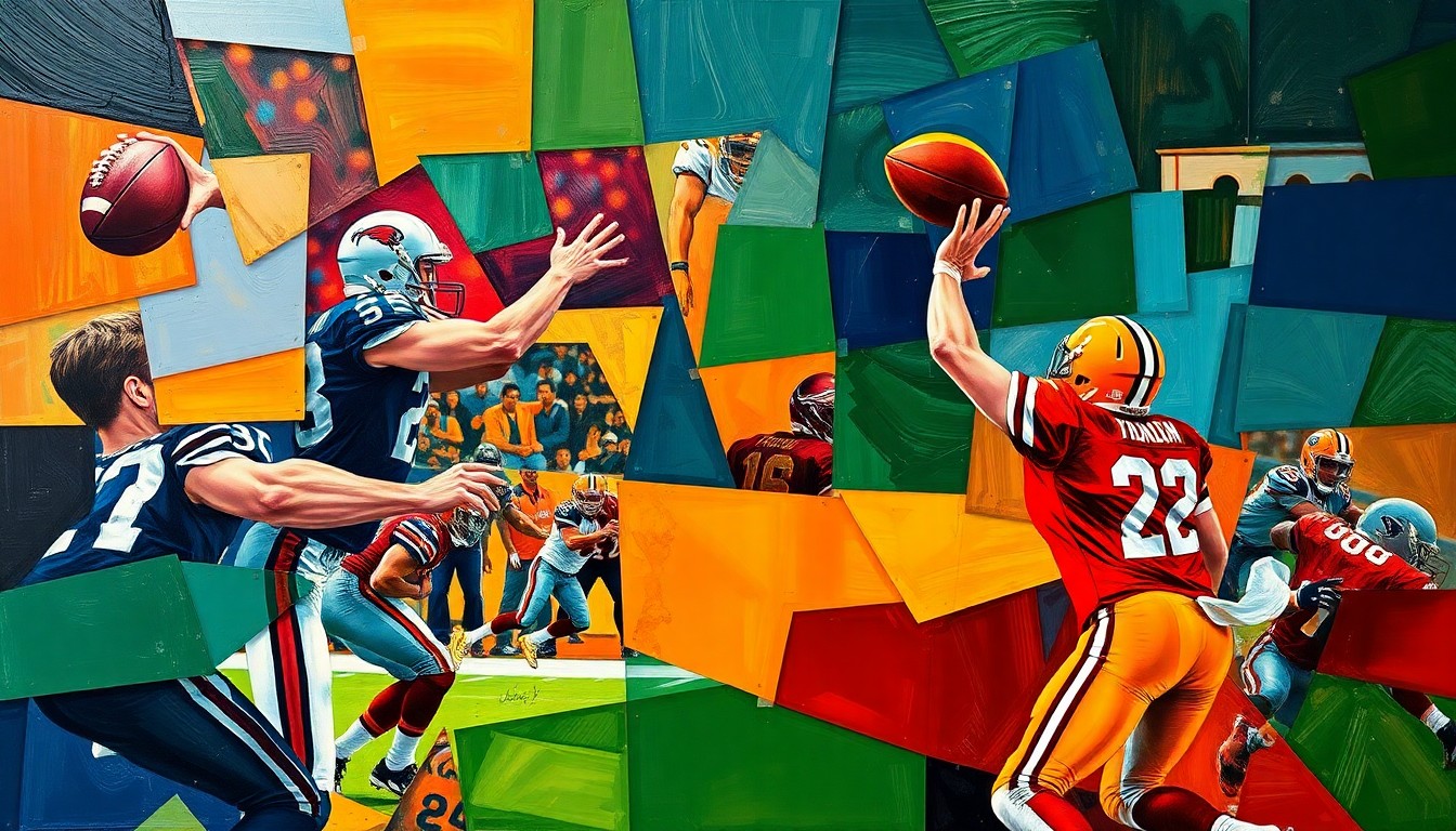 A fragmented, geometric painting depicting a quarterback in motion, with sharp planes of color and overlapping perspectives, conveying the strategic considerations around developing a young NFL quarterback.