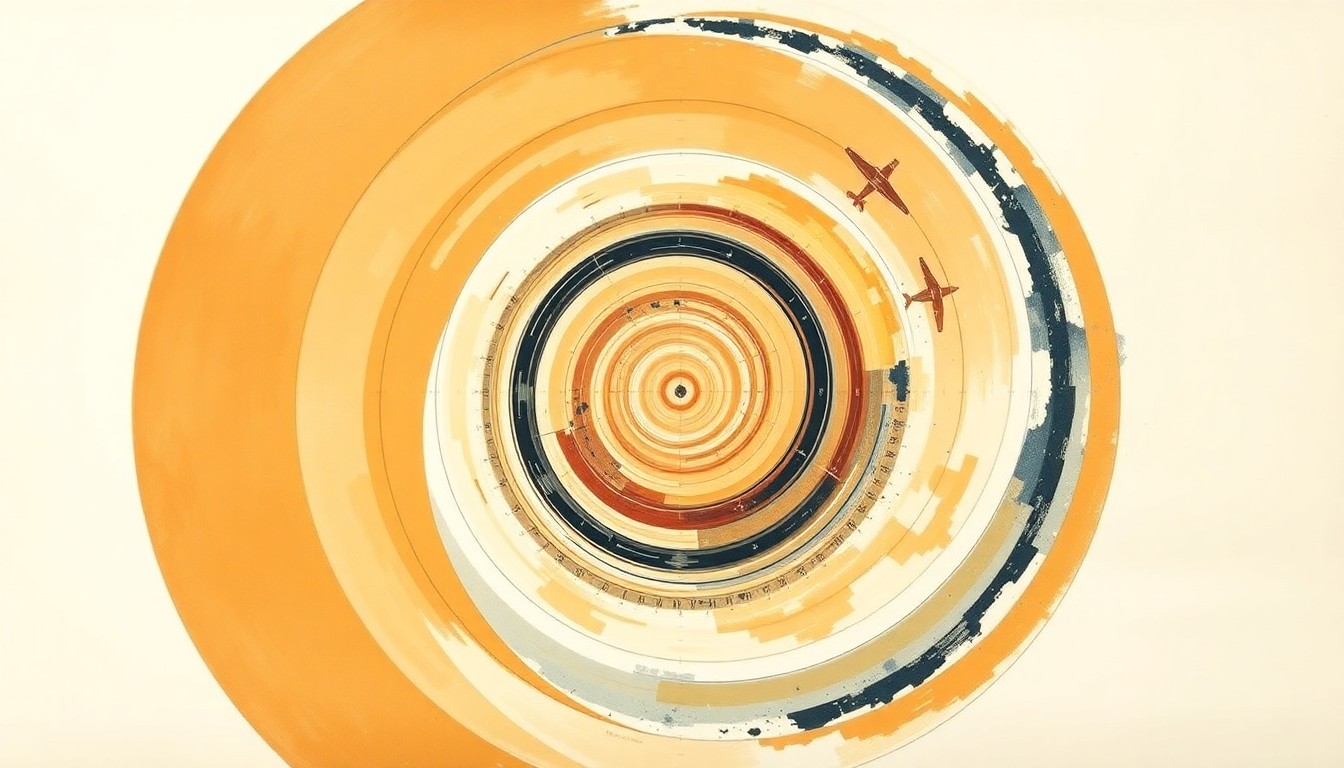 A bold, geometric abstract painting in earthy tones of ochre, sienna, and indigo, featuring sweeping arcs, concentric circles, and precise spirals that evoke the complex forces and concepts of spaceflight without using any text or symbols.