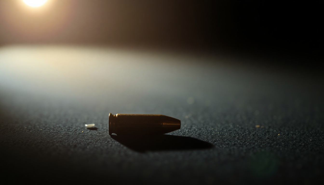 An extreme close-up photograph of a single spent bullet casing on a dark surface, lit dramatically by a harsh camera flash, conceptually representing the aftermath of a violent crime.