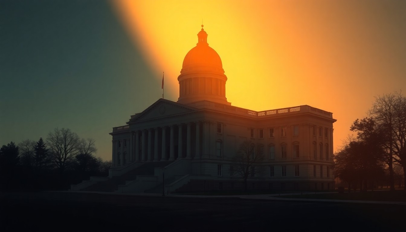 A serene, photorealistic painting of the Wisconsin state capitol building, its grand architecture and dome illuminated by warm, angled sunlight casting deep shadows across the structure, conveying a sense of political tension and uncertainty.
