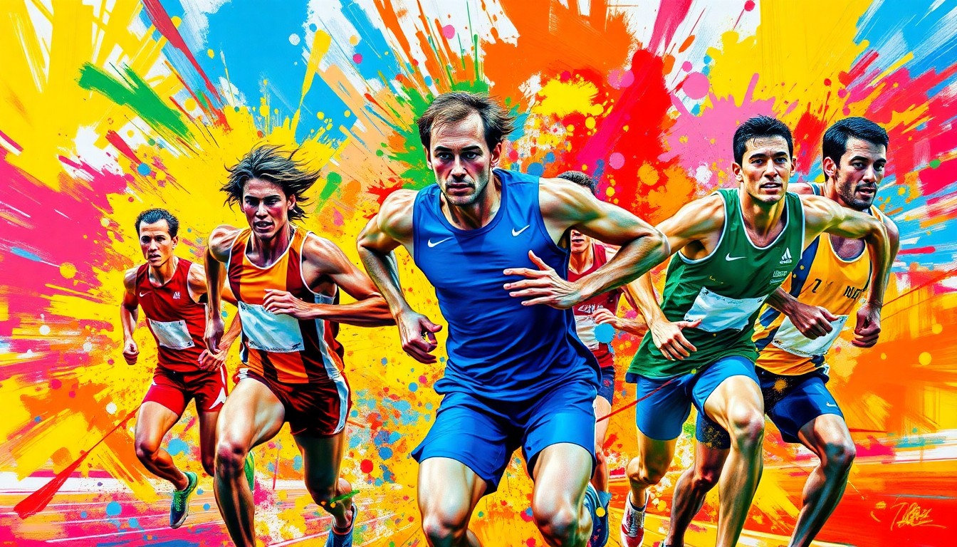 An abstract expressionist painting in vibrant neon colors, with blurred and fragmented figures representing athletes in motion, conveying the dynamic spirit of the Special Olympics competition.