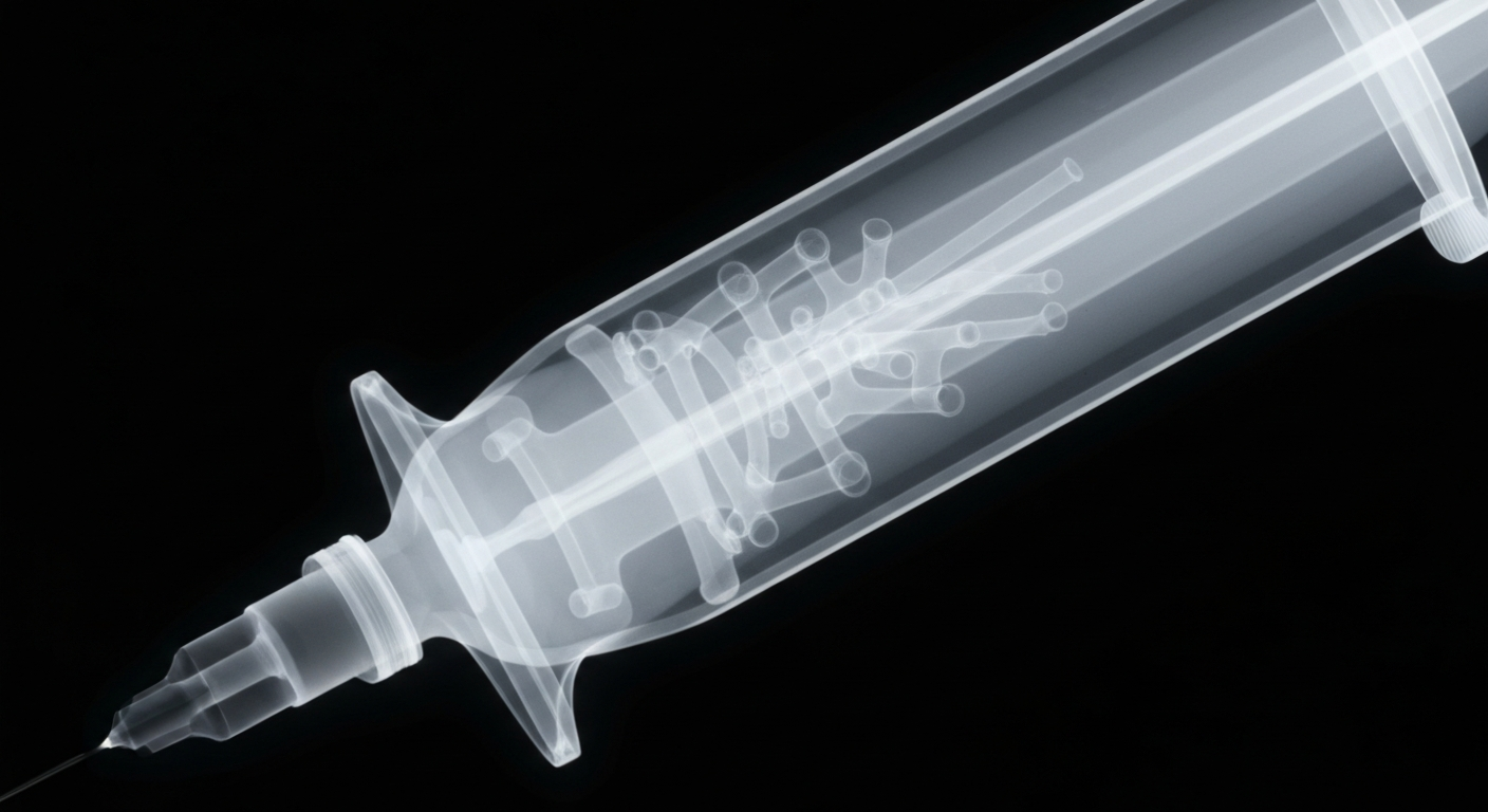 A translucent X-ray photograph revealing the intricate internal structure of a medical syringe or other healthcare equipment in glowing, ghostly lines against a dark background, conceptually representing the advanced technology used to identify medication risks earlier in the care process.