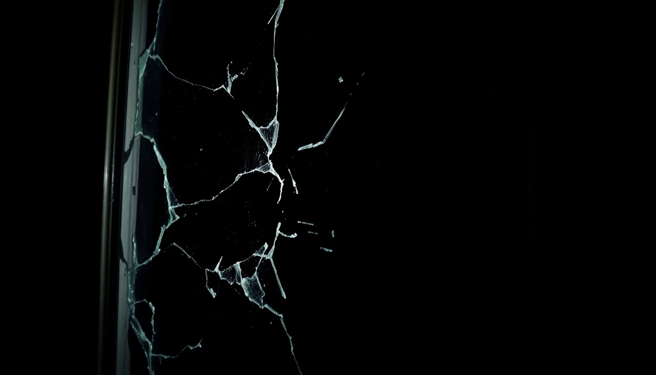 An extreme close-up photograph of a broken household object, such as a shattered vase or picture frame, lit by a harsh, direct camera flash against a pitch-black background, creating a stark, gritty, investigative aesthetic.