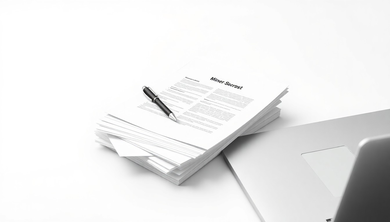 A photorealistic studio still life featuring a stack of business documents, a pen, and a laptop computer arranged on a clean white background, symbolizing the strategic business development work that will drive The Arise Society's expansion.