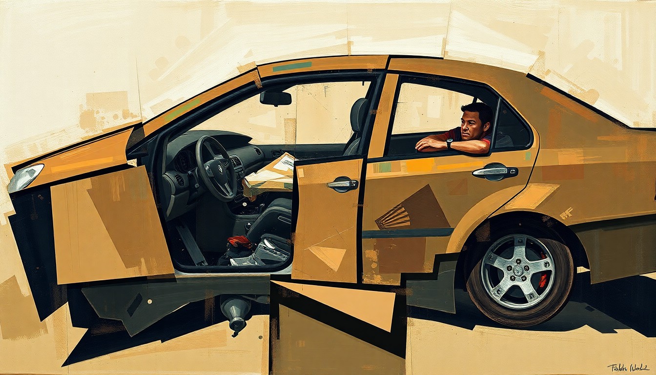 A fragmented, geometric painting depicting the aftermath of a car crash, with sharp planes of muted colors and deep shadows obscuring the details, conveying a sense of the personal turmoil surrounding the incident.