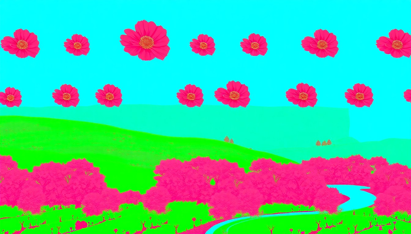 A brightly colored, high-contrast silkscreen print of a single, iconic Kentucky landscape element such as a blooming wildflower or rolling green hill, repeated in a tight grid pattern to capture the energy and creativity of community-driven beautification projects.