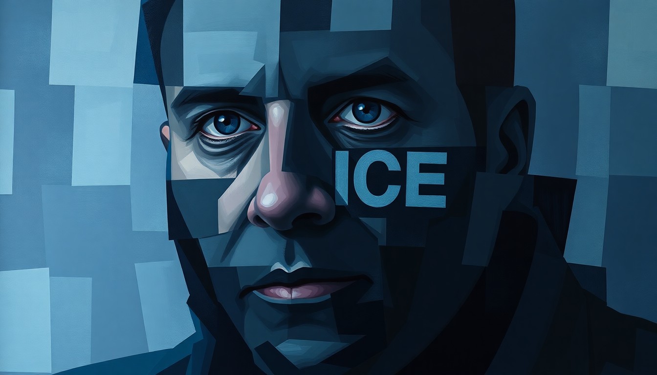 A fractured, abstract painting depicting an ICE agent's face in overlapping geometric shapes and waves of dark colors, conveying a sense of surveillance and fragmentation.
