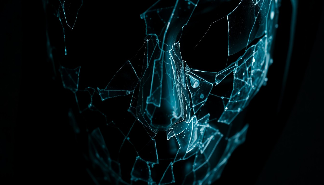 An extreme close-up of a shattered glass mask texture, reflecting harsh studio lighting and evoking the unsettling glamour and horror of the Faces of Death franchise.
