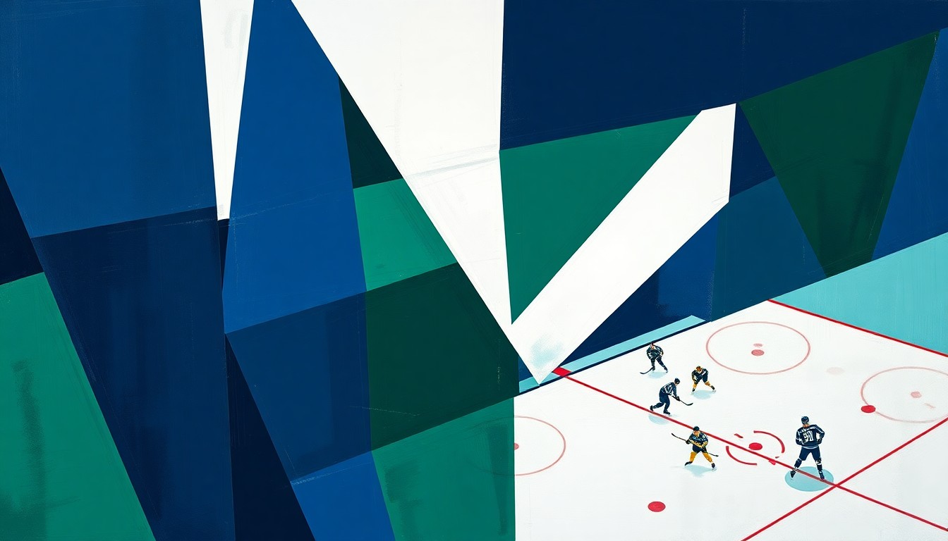 A fragmented, geometric painting in shades of blue, green, and white, depicting the dynamic movements and overlapping perspectives of a college hockey game, conveying the conceptual recognition of a coach's strategic leadership.