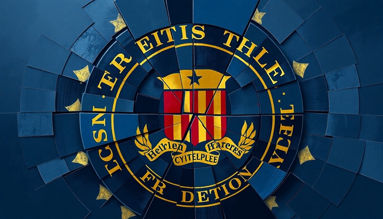 A fragmented, abstract painting of an FBI emblem in shades of navy, red, and gold, conveying a sense of institutional instability and conflict.