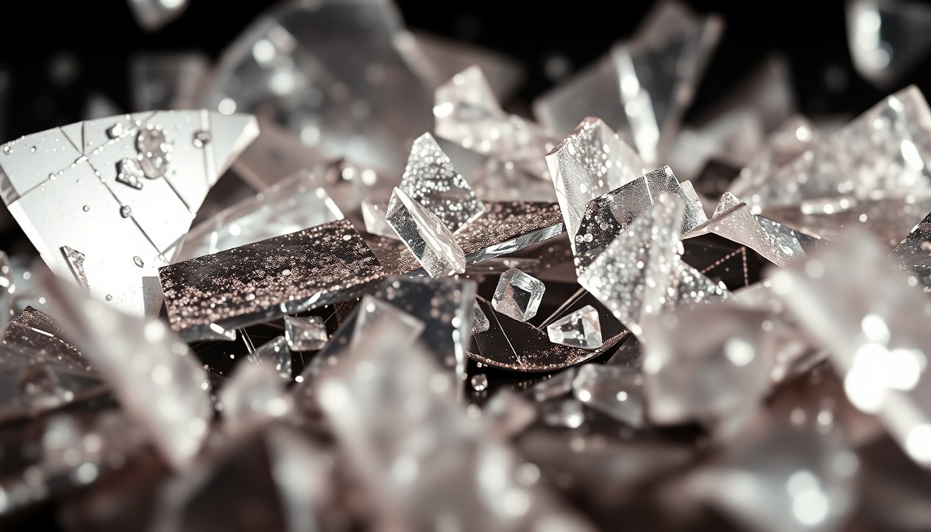 An extreme close-up photograph of shattered, glittering glass shards in dramatic high-contrast lighting, conceptually representing the intersection of fantasy storytelling and gaming.