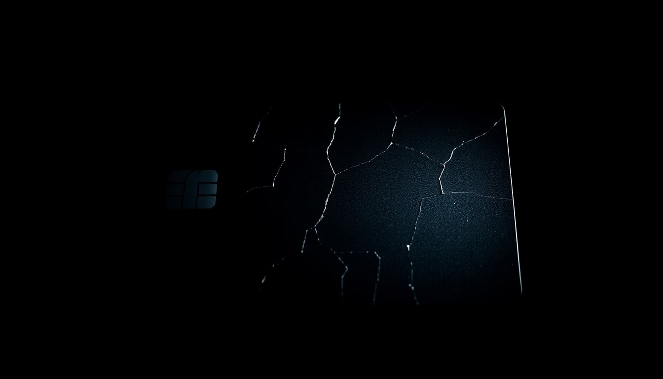 An extreme close-up photograph of a credit card with a cracked surface, lit by a harsh, direct camera flash against a pitch-black background, conceptually illustrating the theft of personal financial data.