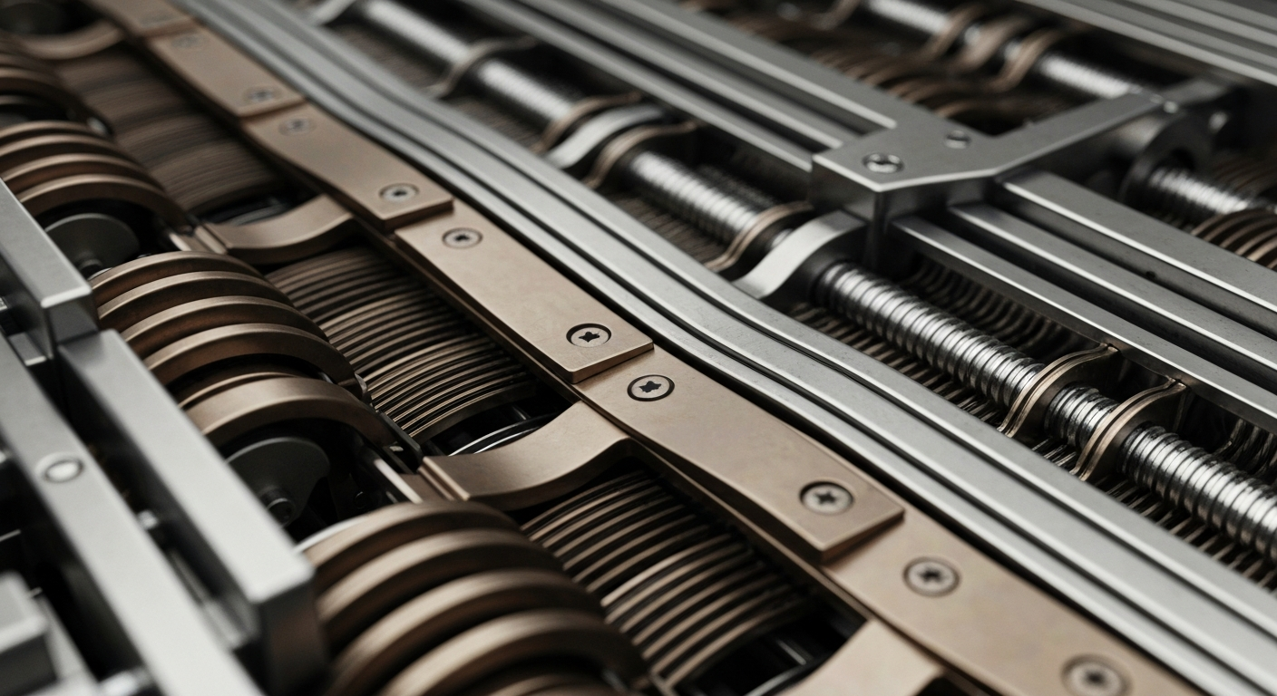 An extreme close-up of the gears, levers, and metal components that make up the inner workings of a banking machine, conveying the heavy, industrial nature of finance as a metaphor for the challenges women face in accessing the stock market.