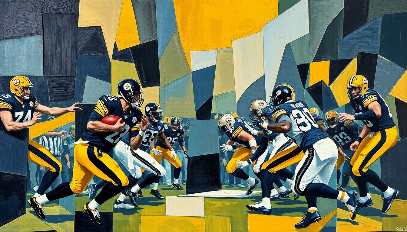 A fractured, multi-perspective painting breaking down a football game into sharp, overlapping geometric planes in a palette of black, gold, and steel blue, conceptually representing the complex contract negotiations between the Steelers and Aaron Rodgers.